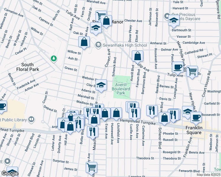 map of restaurants, bars, coffee shops, grocery stores, and more near 133 Schenck Boulevard in Floral Park