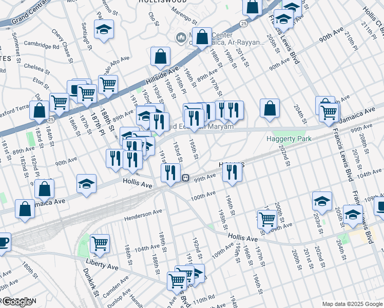 map of restaurants, bars, coffee shops, grocery stores, and more near 91-56 195th Street in Queens