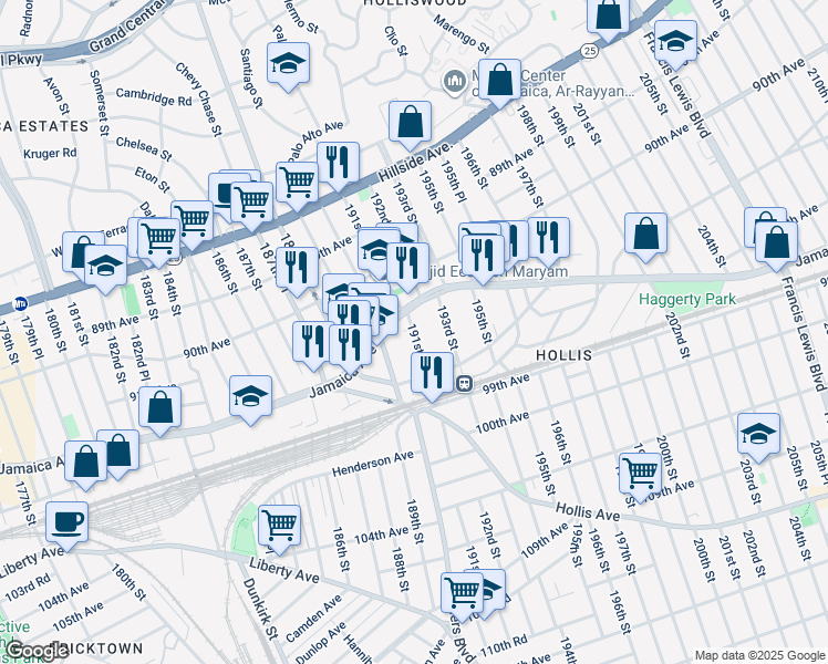 map of restaurants, bars, coffee shops, grocery stores, and more near 91-30 191st Street in Queens