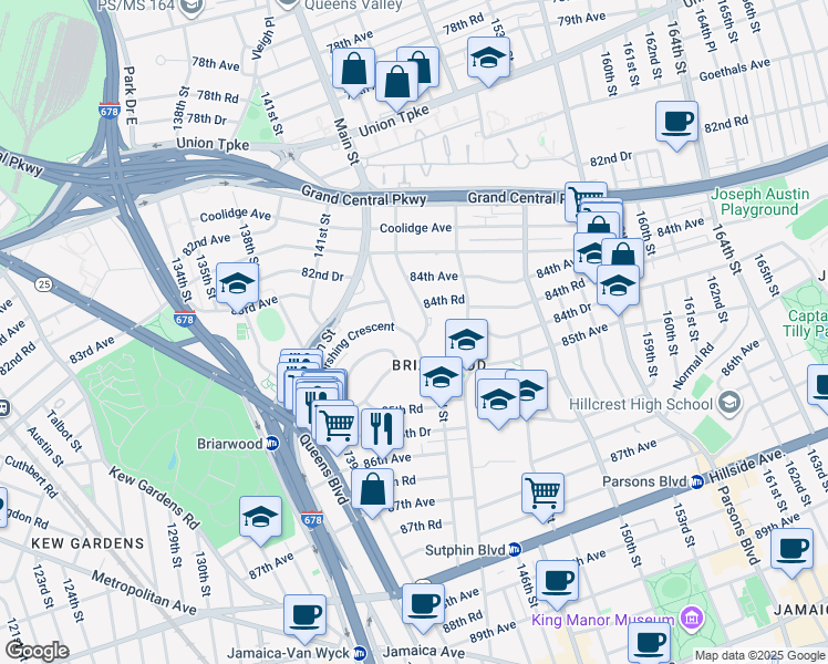 map of restaurants, bars, coffee shops, grocery stores, and more near 140-97 Burden Crescent in Queens
