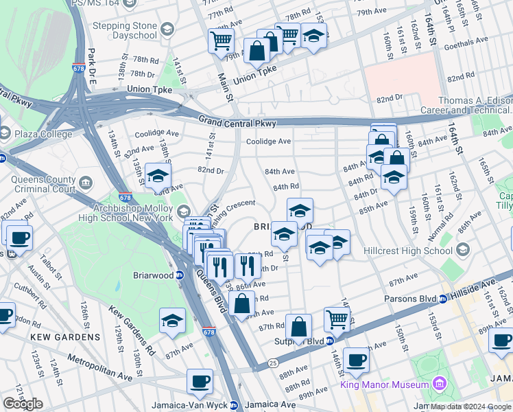 map of restaurants, bars, coffee shops, grocery stores, and more near 140-97 Burden Crescent in Queens