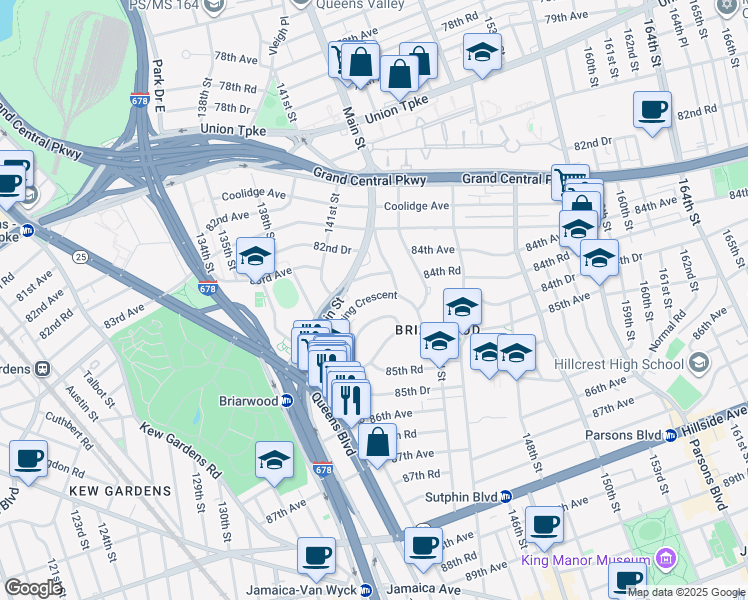 map of restaurants, bars, coffee shops, grocery stores, and more near 140-69 Burden Crescent in Queens
