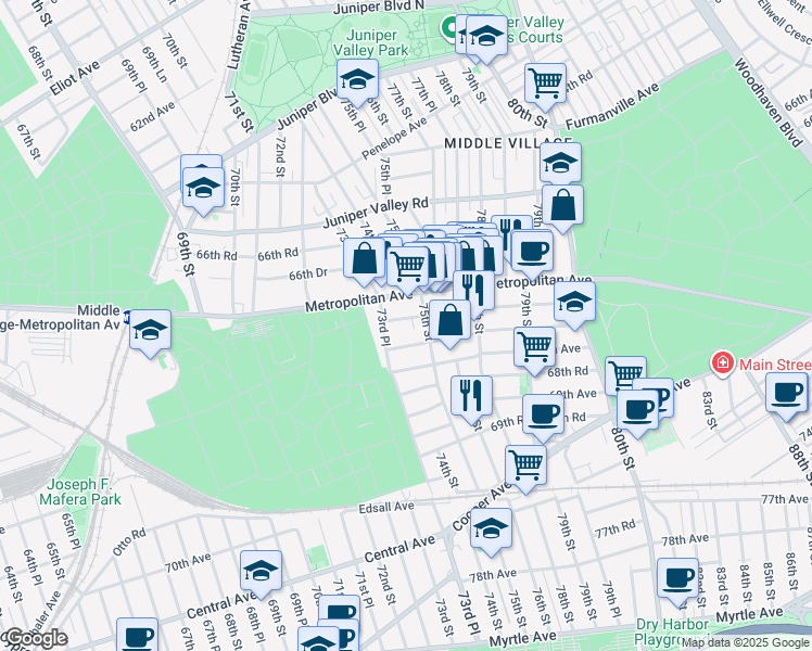 map of restaurants, bars, coffee shops, grocery stores, and more near 73-21 67th Drive in Queens