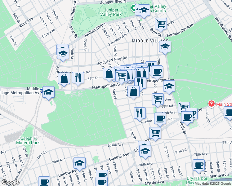map of restaurants, bars, coffee shops, grocery stores, and more near 67-42 73rd Place in Queens