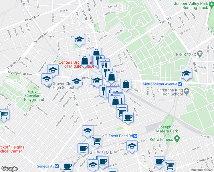 map of restaurants, bars, coffee shops, grocery stores, and more near 63-10 Fresh Pond Road in Queens