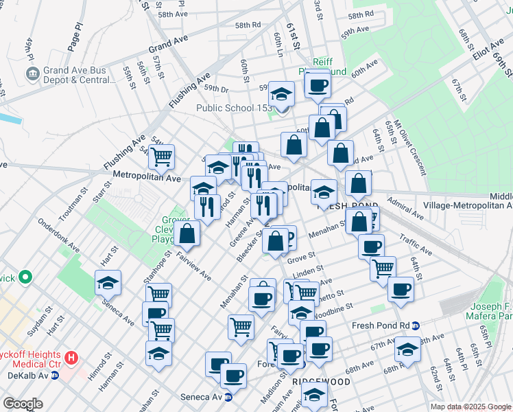 map of restaurants, bars, coffee shops, grocery stores, and more near 22-11 Greene Avenue in Queens