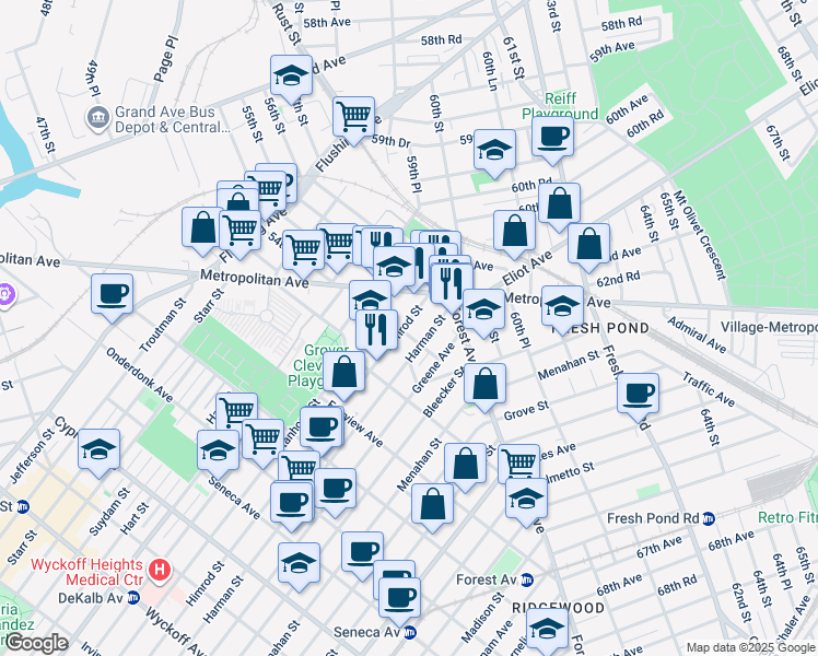 map of restaurants, bars, coffee shops, grocery stores, and more near 21-46 Himrod Street in Queens