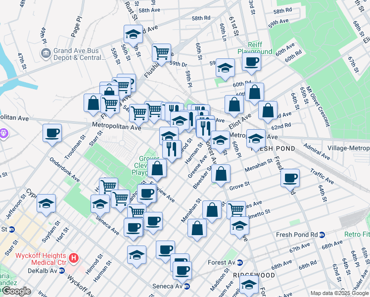 map of restaurants, bars, coffee shops, grocery stores, and more near 21-46 Himrod Street in Queens