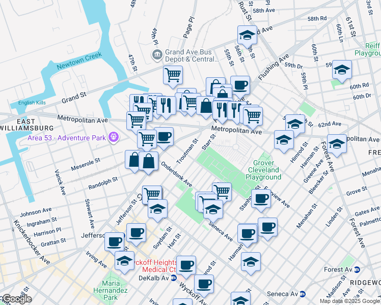 map of restaurants, bars, coffee shops, grocery stores, and more near 715 Woodward Avenue in Queens