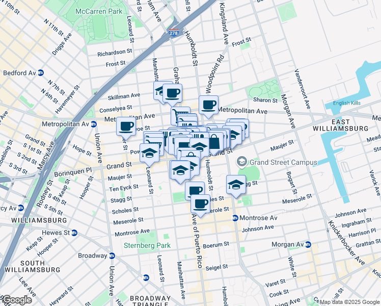 map of restaurants, bars, coffee shops, grocery stores, and more near 702 Grand Street in Brooklyn