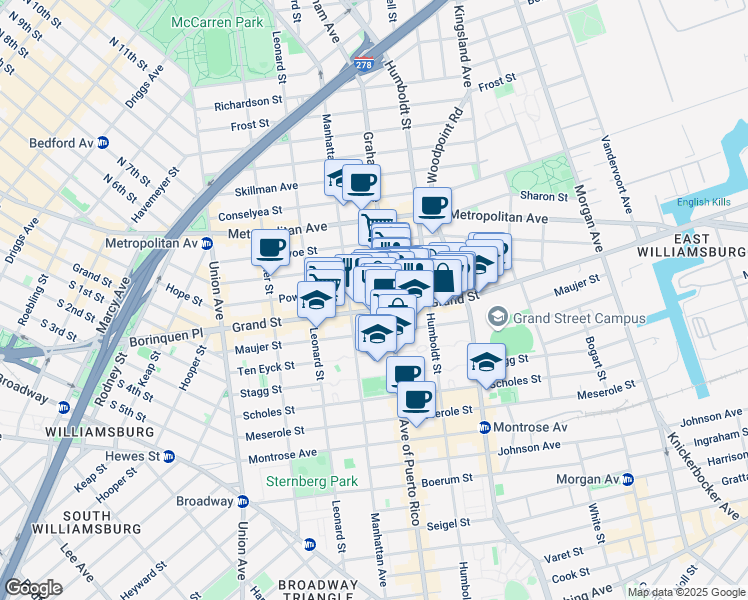 map of restaurants, bars, coffee shops, grocery stores, and more near 702 Grand Street in Brooklyn