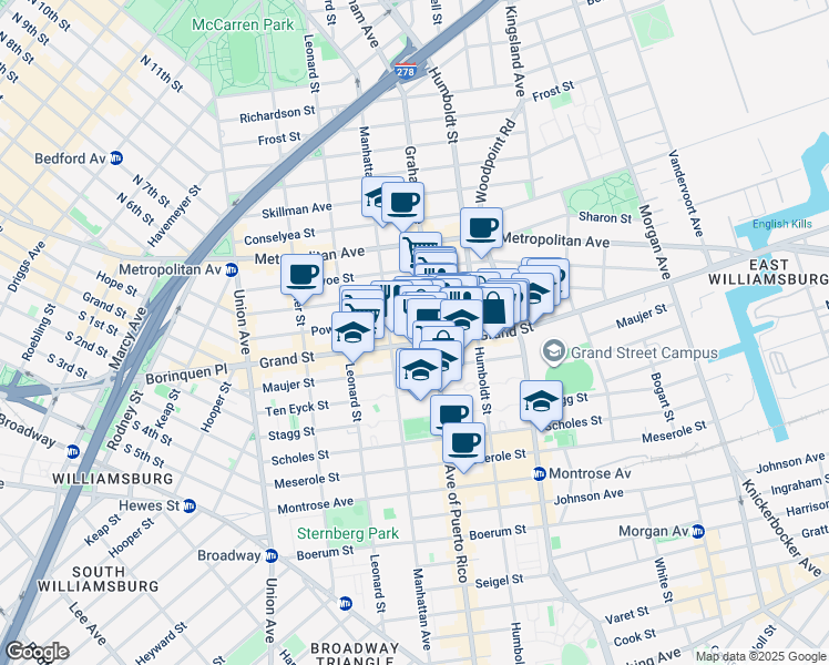 map of restaurants, bars, coffee shops, grocery stores, and more near 702 Grand Street in Brooklyn