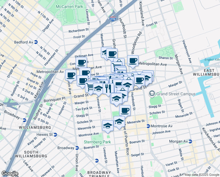 map of restaurants, bars, coffee shops, grocery stores, and more near 672 Grand Street in Brooklyn