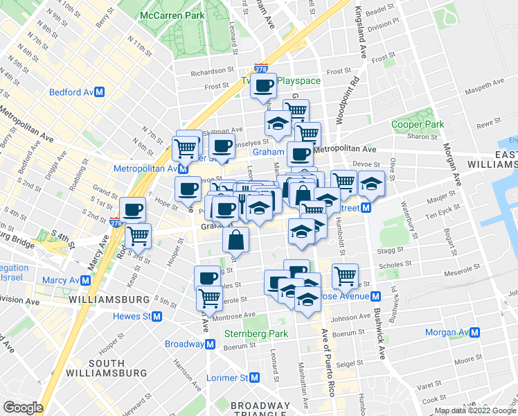 map of restaurants, bars, coffee shops, grocery stores, and more near 629 Grand Street in Brooklyn