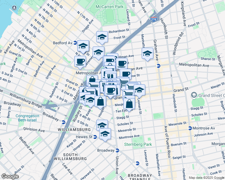 map of restaurants, bars, coffee shops, grocery stores, and more near 184 Hope Street in Brooklyn
