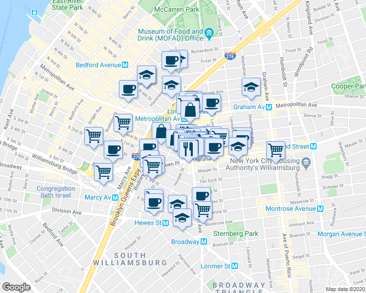 map of restaurants, bars, coffee shops, grocery stores, and more near 371 Union Avenue in Brooklyn