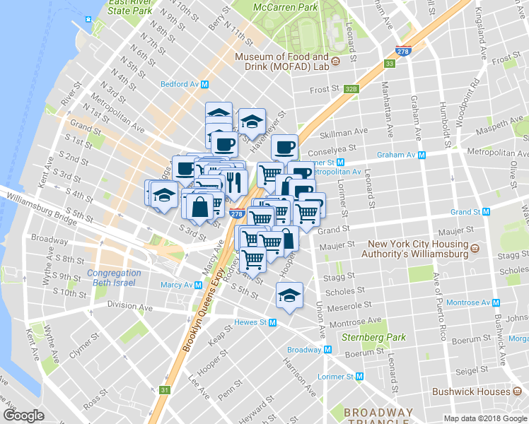 map of restaurants, bars, coffee shops, grocery stores, and more near 404 Rodney Street in Brooklyn