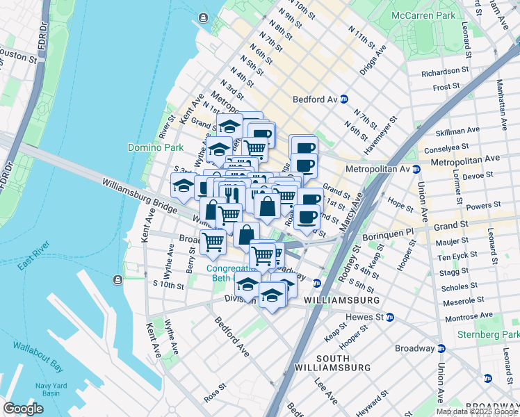 map of restaurants, bars, coffee shops, grocery stores, and more near 152 South 4th Street in Brooklyn