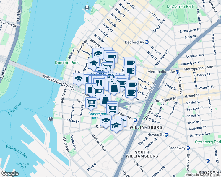 map of restaurants, bars, coffee shops, grocery stores, and more near 152 South 4th Street in Brooklyn