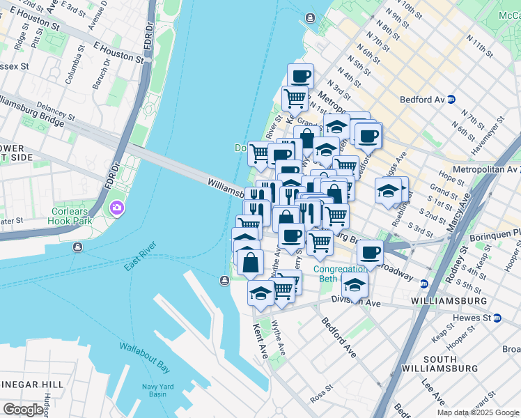 map of restaurants, bars, coffee shops, grocery stores, and more near 375 Kent Avenue in Brooklyn