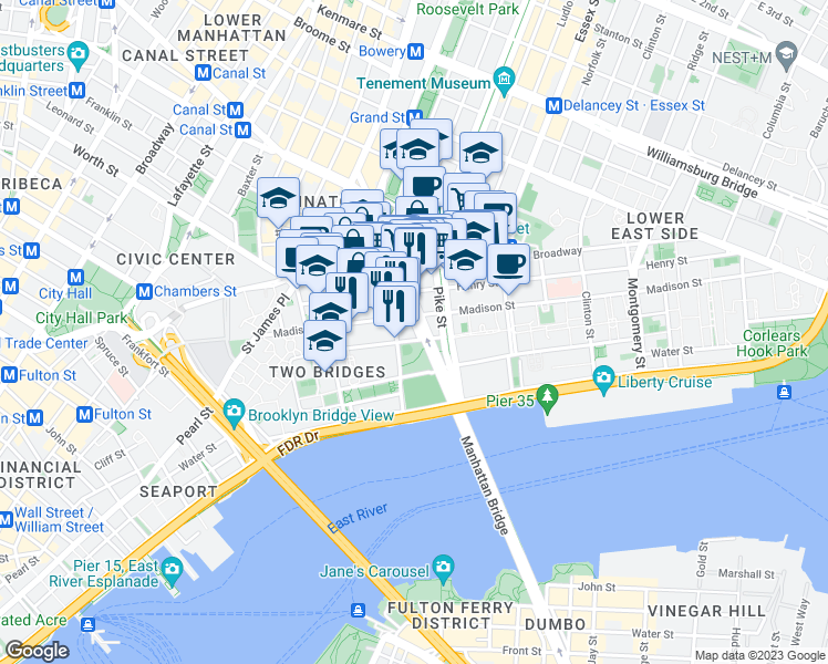map of restaurants, bars, coffee shops, grocery stores, and more near 55 Monroe Street in New York