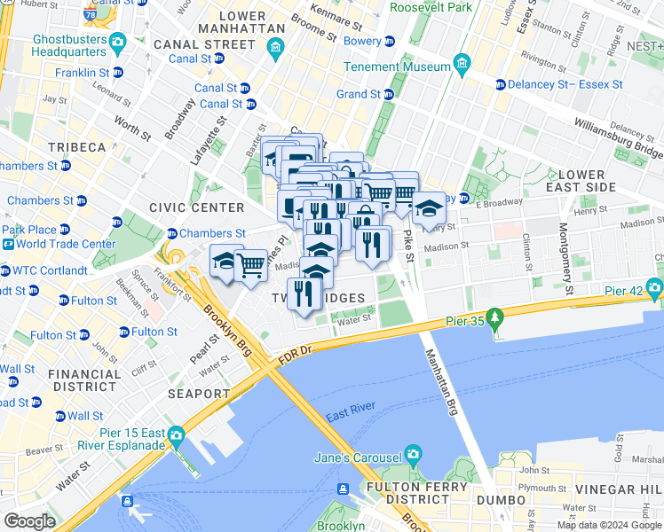 map of restaurants, bars, coffee shops, grocery stores, and more near in New York