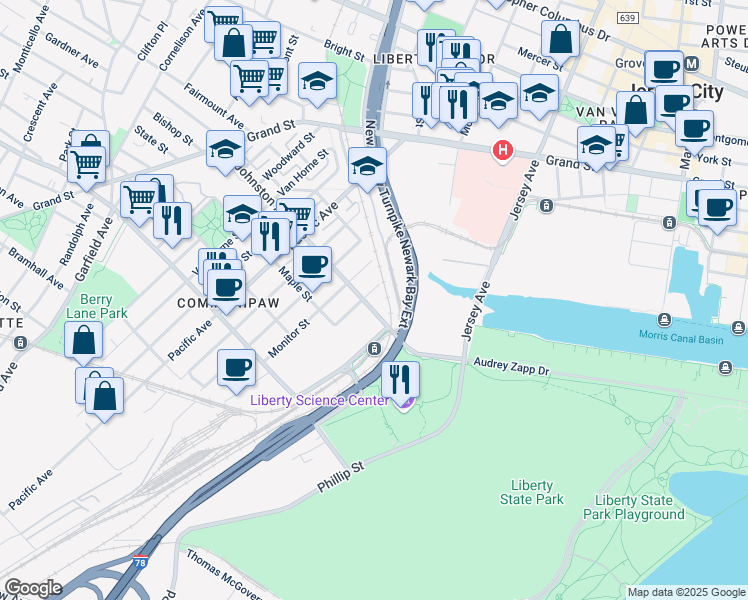 map of restaurants, bars, coffee shops, grocery stores, and more near 295 Johnston Avenue in Jersey City