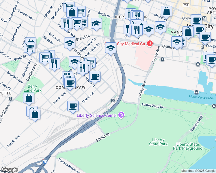 map of restaurants, bars, coffee shops, grocery stores, and more near 295 Johnston Avenue in Jersey City