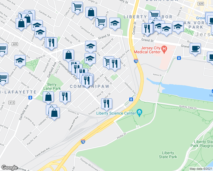 map of restaurants, bars, coffee shops, grocery stores, and more near 248 Pine Street in Jersey City