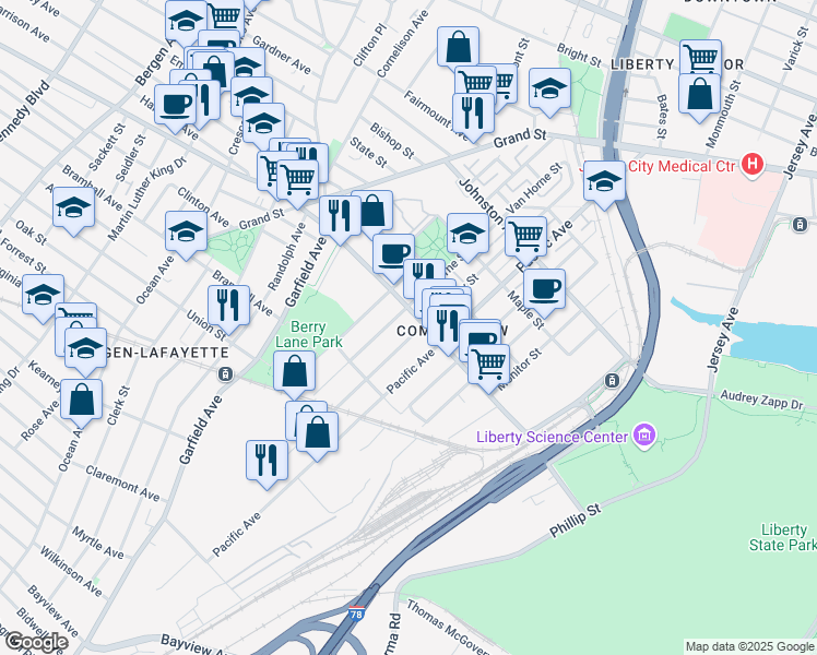 map of restaurants, bars, coffee shops, grocery stores, and more near in Jersey City