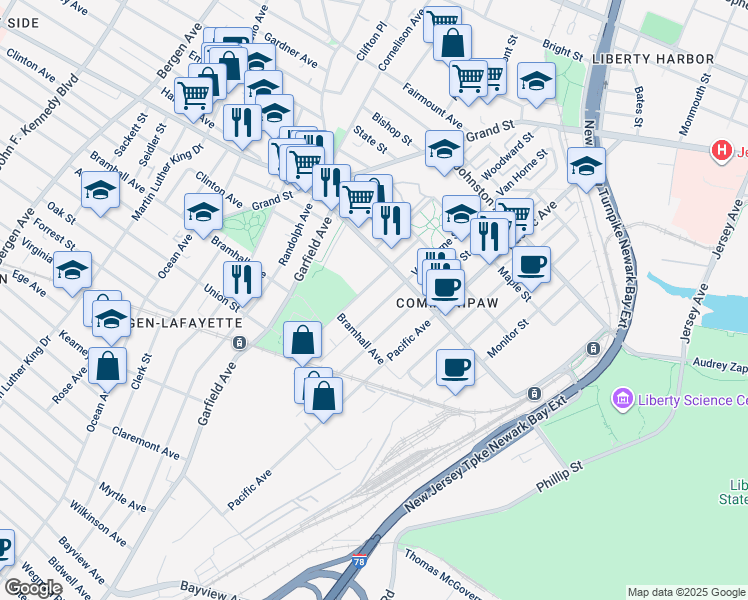map of restaurants, bars, coffee shops, grocery stores, and more near 163 Van Horne Street in Jersey City