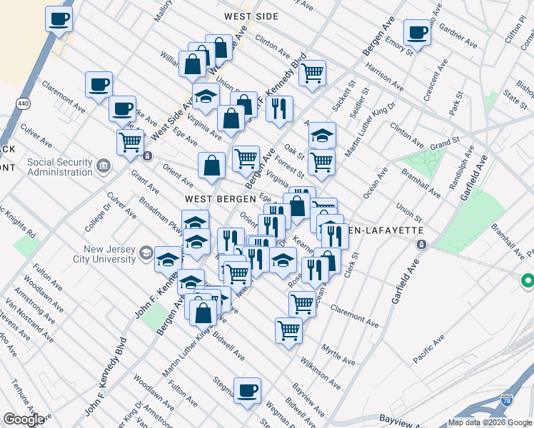 map of restaurants, bars, coffee shops, grocery stores, and more near 104 Orient Avenue in Jersey City