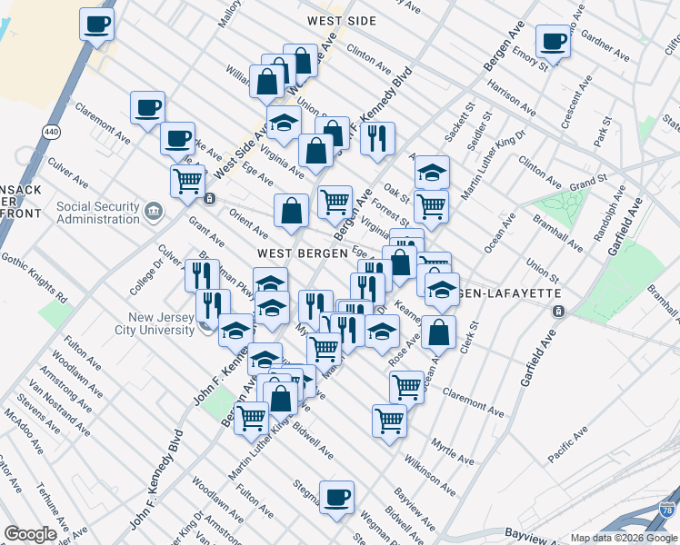 map of restaurants, bars, coffee shops, grocery stores, and more near 130 Orient Avenue in Jersey City