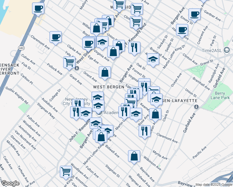 map of restaurants, bars, coffee shops, grocery stores, and more near 125 Orient Avenue in Jersey City