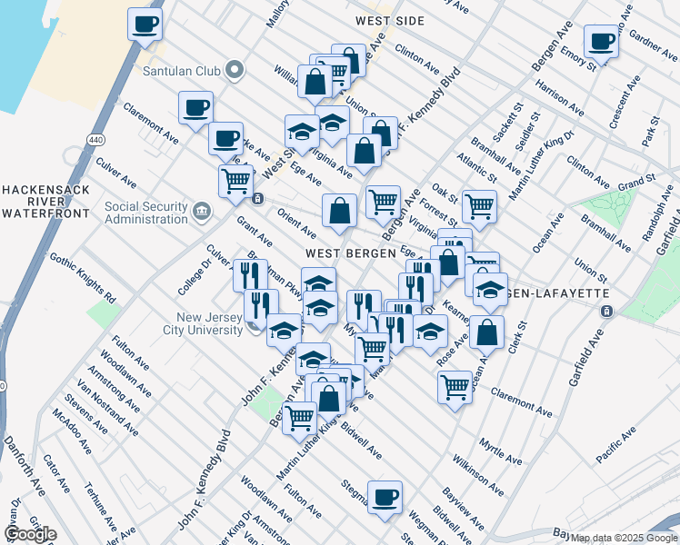map of restaurants, bars, coffee shops, grocery stores, and more near 239 Claremont Avenue in Jersey City