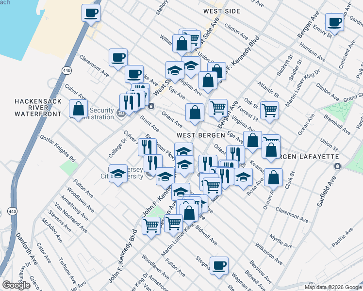 map of restaurants, bars, coffee shops, grocery stores, and more near in Jersey City