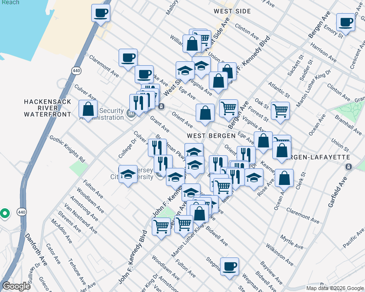 map of restaurants, bars, coffee shops, grocery stores, and more near in Jersey City