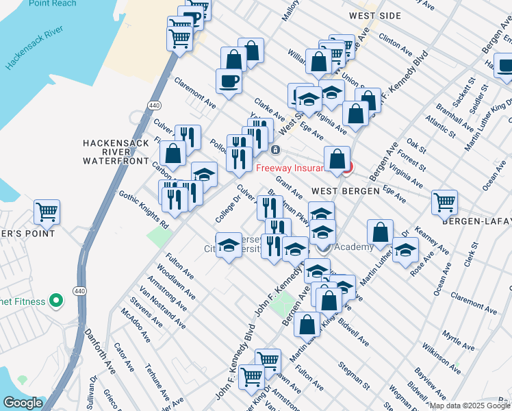 map of restaurants, bars, coffee shops, grocery stores, and more near 53 Towers Street in Jersey City