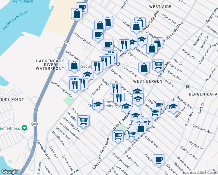 map of restaurants, bars, coffee shops, grocery stores, and more near 53 Towers Street in Jersey City