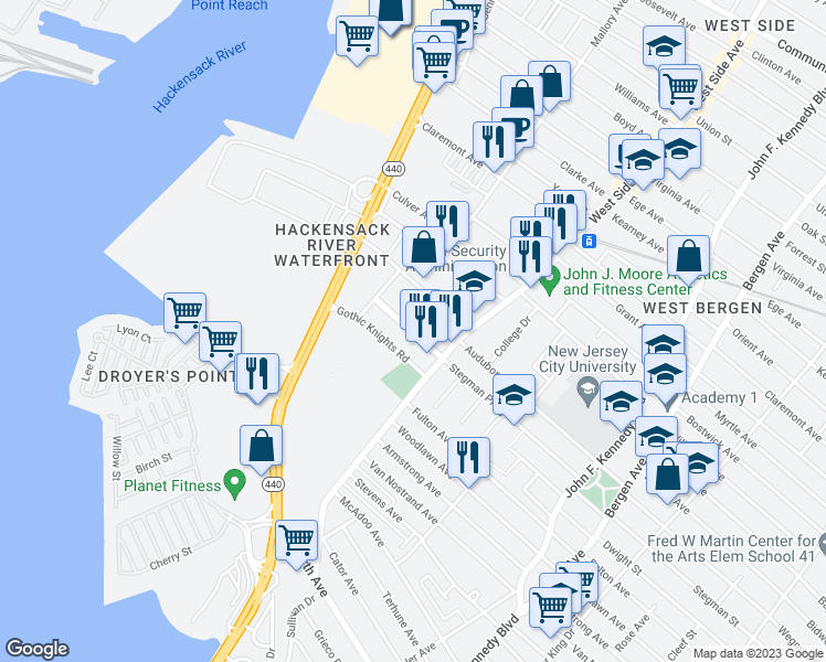map of restaurants, bars, coffee shops, grocery stores, and more near 179 West Side Avenue in Jersey City