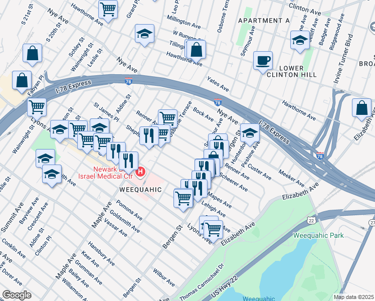 map of restaurants, bars, coffee shops, grocery stores, and more near 151 Scheerer Avenue in Newark