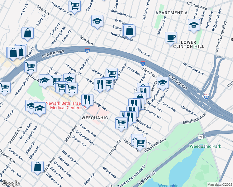 map of restaurants, bars, coffee shops, grocery stores, and more near 181 Shephard Avenue in Newark
