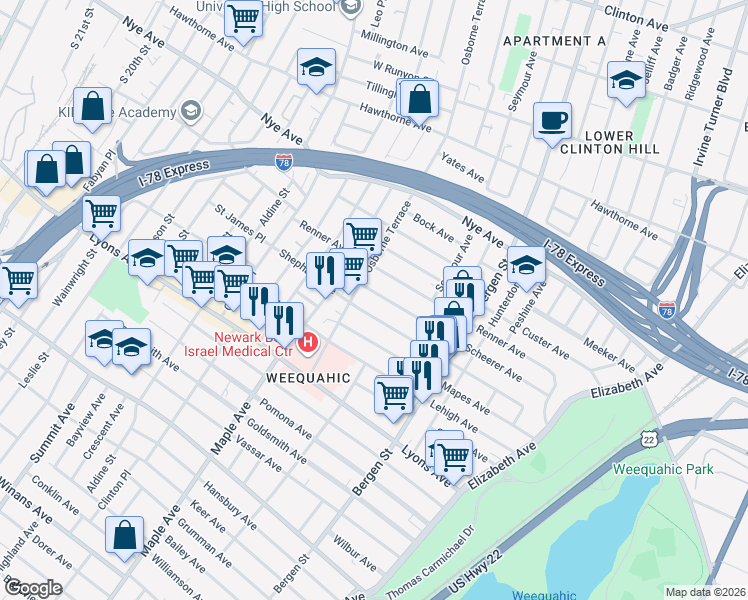 map of restaurants, bars, coffee shops, grocery stores, and more near 179 Shephard Avenue in Newark