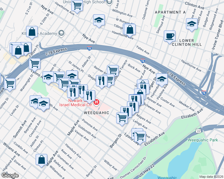 map of restaurants, bars, coffee shops, grocery stores, and more near 176 Huntington Terrace in Newark