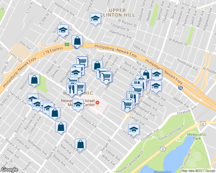 map of restaurants, bars, coffee shops, grocery stores, and more near 176 Huntington Terrace in Newark