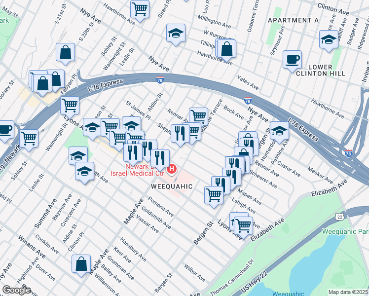 map of restaurants, bars, coffee shops, grocery stores, and more near 176 Huntington Terrace in Newark
