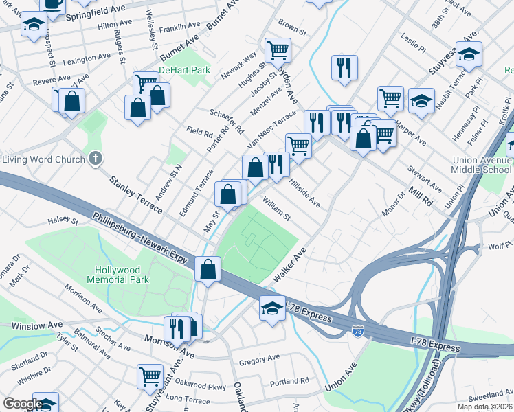 map of restaurants, bars, coffee shops, grocery stores, and more near 1693 Stuyvesant Avenue in Union