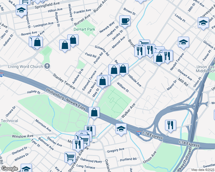 map of restaurants, bars, coffee shops, grocery stores, and more near 1693 Stuyvesant Avenue in Union