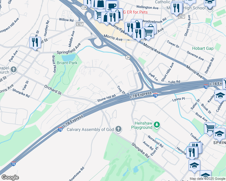 map of restaurants, bars, coffee shops, grocery stores, and more near 9A Stone Hill Road in Springfield