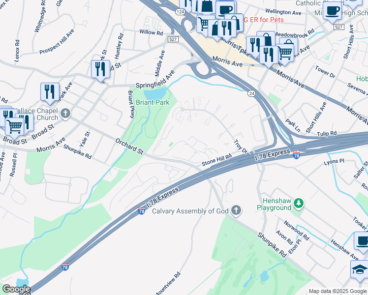 map of restaurants, bars, coffee shops, grocery stores, and more near 100 Stone Hill Road in Springfield